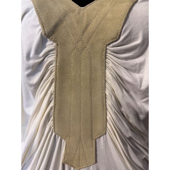 SKY Brand Top M White Tan Suede Trim Stretch Flowy Dolman Grecian Kimomo NEW - Picture 2 of 12